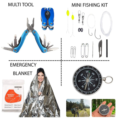 All In One 67 Piece 14 In 1 Outdoor Survival Gear Kit with multi tool, fishing kit, emergency blanket, and compass shown.