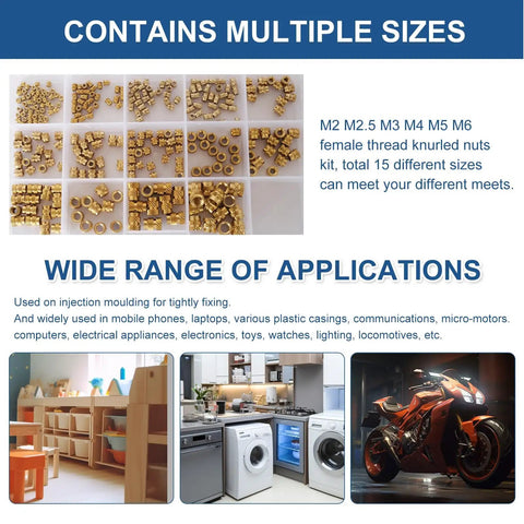 305 Piece Knurled Threaded Insert Nuts Set For Plastic 3D Printing And Injection Molding Brass Heat Set Inserts M2 To M6, sizes displayed