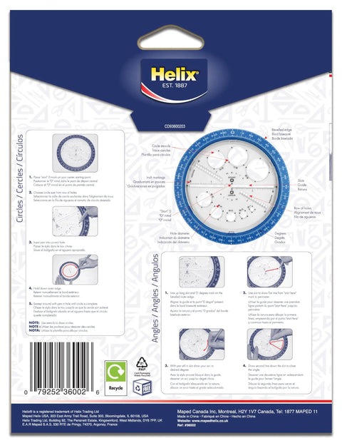 All-In-One Angle And Circle Maker With Integrated Circle Templates And 360 Degree Rotation, 6 Inch And 15 Cm Size, Beveled Edges, Slot Guides, Inside Rotating Disk, Assorted Colors, Protractor And Compass Hybrid Tool package front