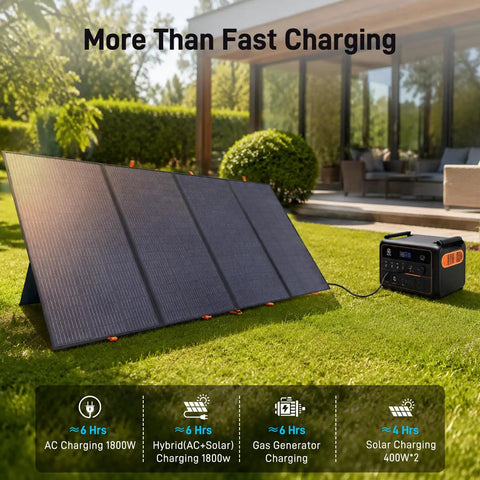 Rock Solid Yet Hella Lightweight 2800Wh Portable Power Station and Rapid Charge Solar Generator with solar panel in outdoor setting.