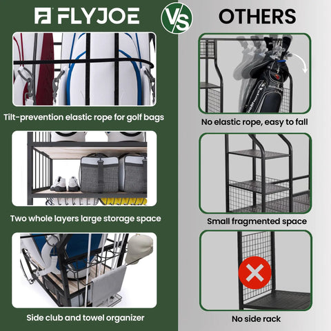 Comparison of Flyjoe Two Level Golf Bag Organizer and other storage solutions. Shows elastic ropes, large space, and side club stand.
