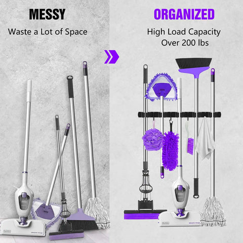 Space Saving Wall Mount Broom And Mop Holder With Five Slots And Four Hooks Self Adhesive Matte Black Garage Rack And Tool Organizer For Closet Door Cabinet Laundry Room