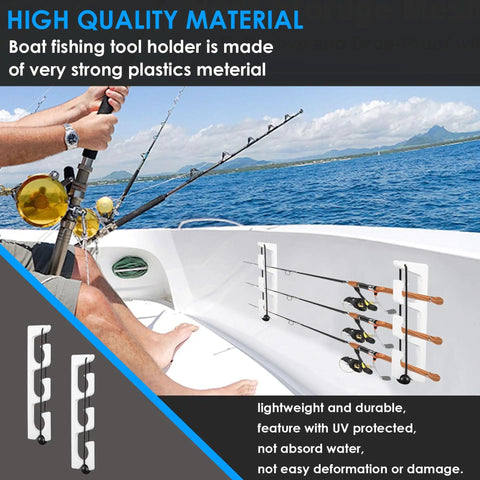 Horizontal Fishing Rod Holder Wall Mount Rack For Boat And Garage White Plastic Poles Storage Dual Pack shown installed on a boat deck.