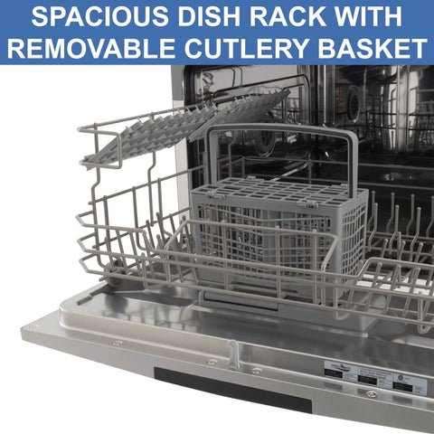 Spacious dish rack inside Compact 22 Inch RV Countertop Dishwasher With LED Touch Controls And Child Lock Featuring Eight Heavy Duty Wash Settings And Triple Stage Filtration.