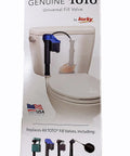 Packaging of Blue Universal Toilet Fill Valve Replacement Kit With Adjustable Height 8.5 To 14 Inches Including Hardware.