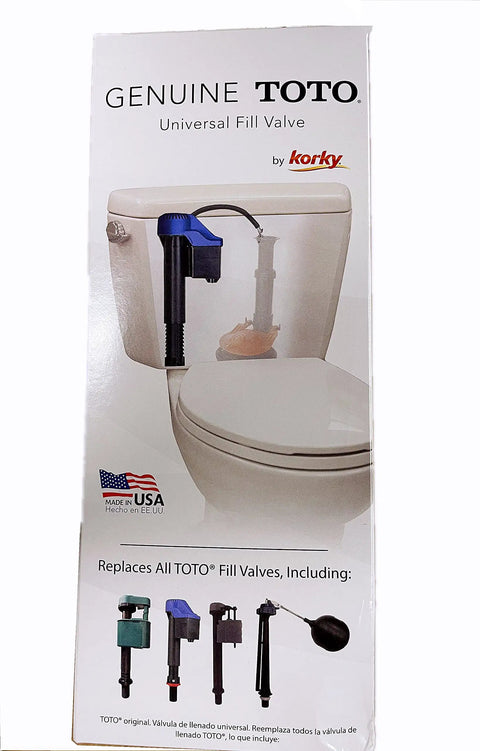 Packaging of Blue Universal Toilet Fill Valve Replacement Kit With Adjustable Height 8.5 To 14 Inches Including Hardware.