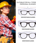 Diamont Clear Vented Over Glasses Safety Eyewear 6 Pack Impact Resistant Polycarbonate Lenses ANSI Z87 1 Certified Comfortable OTG Design For All Day Use With Superior Airflow And Fit shown on worker and fitting over various glasses