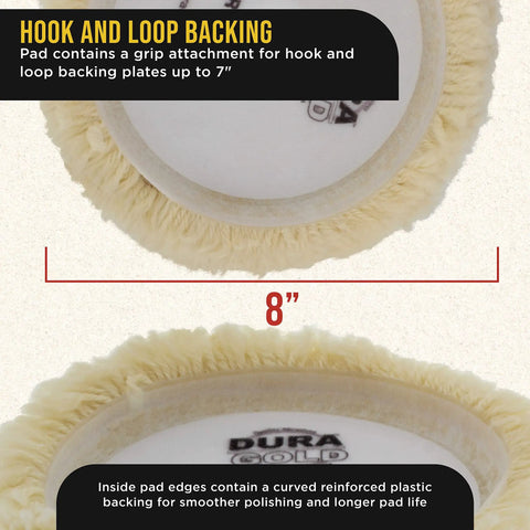 8-inch wool buffing pad with hook and loop backing, part of Three Pack 8 Inch Wool Buffing Pads With 7 Inch Flexible Edge Backing Plate Kit