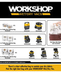 Chart showing compatible dust collection bags and models for WORKSHOP Wet/Dry Vacs including WS0301VA, WS0400DE, WS1200VA, and WS1600SS.