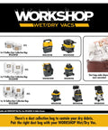 Workshop wet/dry vacuums and compatible dust collection bags for efficient cleaning.