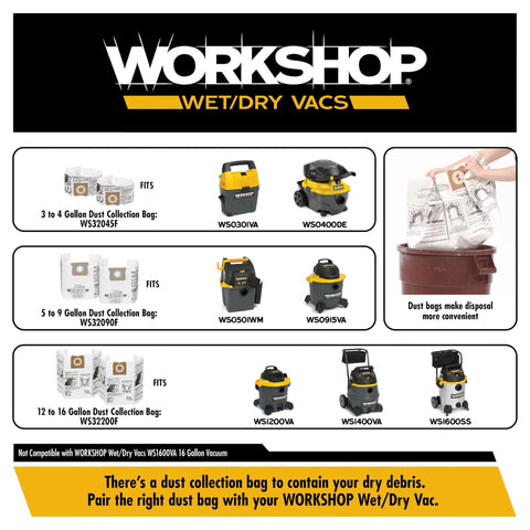 Chart showing compatibility of dust collection bags with various Workshop wet/dry vacuums, including model numbers and bag capacity.