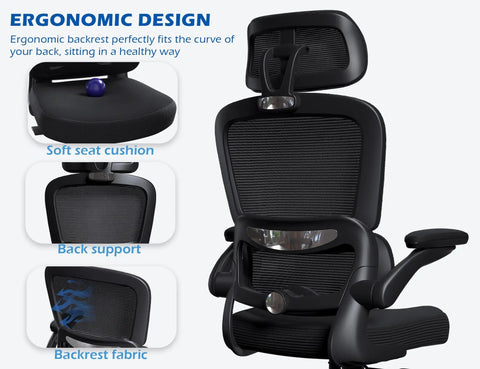 Ergonomic Office Chair With Adjustable Headrest And Lumbar Support, Breathable Mesh Back, Flip Up Armrests, Black Durable Design