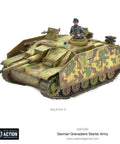 Model of a WWII StuG III Ausf. G tank from Bolt Action German Grenadiers 1:56 Scale Miniatures Set with painted camouflage.