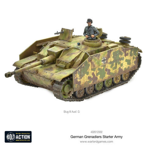 Model of a WWII StuG III Ausf. G tank from Bolt Action German Grenadiers 1:56 Scale Miniatures Set with painted camouflage.