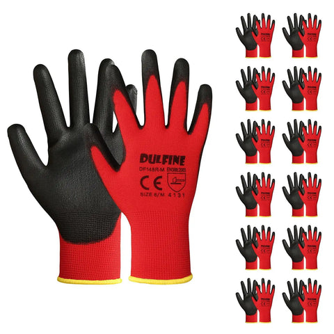 PU Coated Work Gloves With Red Seamless Knit Shell 12 Pairs Polyurethane Palm And Finger Grip Breathable Lightweight Design