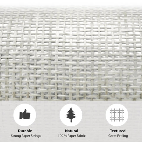 Close-up of Cosmo Collection Natural Paper Weave Grasscloth Wallcovering, textured paper fabric in dim grey ivory.