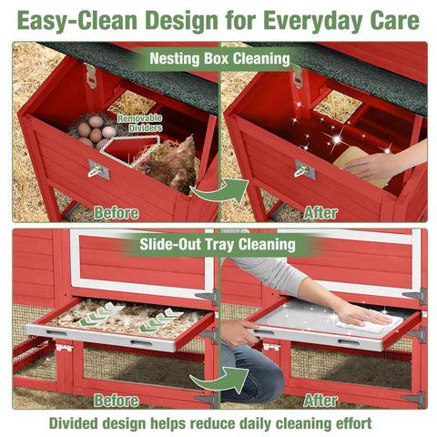 Cleaning features of Mobile Chicken Coop On Wheels For Four To Six Hens With Run, Large Outdoor Hen House, Red, showing nesting box and tray.