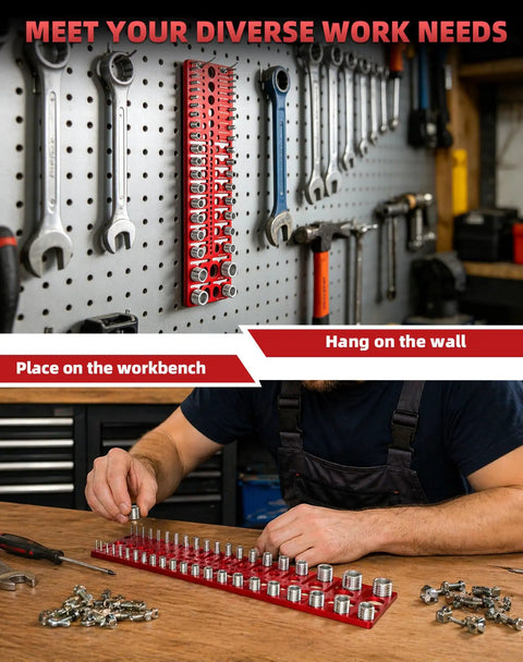 Handy Thread Gauge Kit With 22 SAE And 18 Metric Thread Sizes on workbench with tools and wall mount