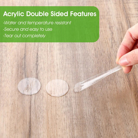 Clear Seventy Piece Table Cloth Clips Set For Outdoor Picnics And Parties Windproof Clips With Adhesive Putty includes round clips on wood surface.