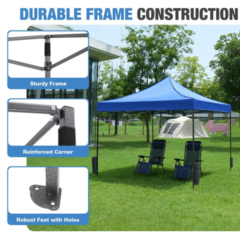10x10 Foot Pop Up Canopy Tent No Fuss Setup Heavy Duty Sun Shade Shelter With Sand Bags Portable Instant Canopy For Camping Beach Backyard Patio Classic Blue set up in a grassy area with tents and chairs.
