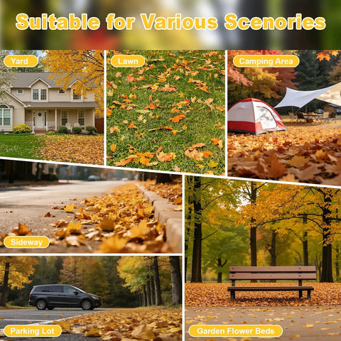 Collage showing yard, lawn, camping area, sidewalk, parking lot, and garden flower beds suitable for Adjustable Leaf Rake For Lawn And Garden 18 Inch Wide Metal Head 62 Inch Extendable Handle Back Saving Yard Cleanup Tool For Grass Leaves And Flower Beds Heavy Duty Rake use.