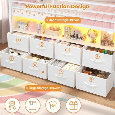 Twin Size Loft Bed With LED Lights And 8 PU Fabric Storage Drawers, house-shaped metal bed with open bookcase visible.