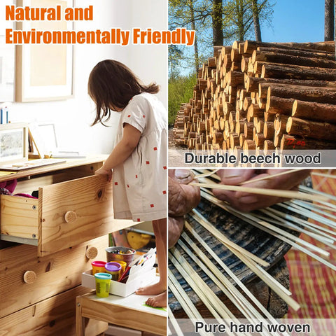 Boho Wood Dresser Drawer Knobs Set Handmade Rattan Woven Cabinet Pulls 12 Pack With 24 Screws shown with wood and weaving process