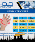 Handylandy hand size chart with measurement guide for glove sizing, featuring medium to XXL sizes in inches and centimeters.