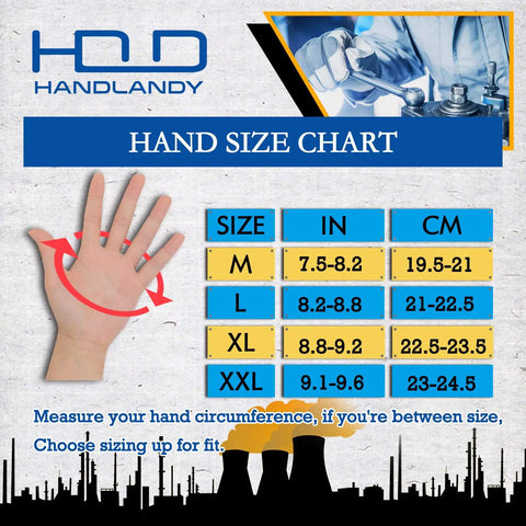 Hand size chart for All Purpose Work Gloves For Men And Women Touch Screen Compatible Flexible Breathable Gardening And Yard Maintenance Gloves Large 2 Pairs Knuckle Protection Foam Padding For Heavy Duty Tasks.