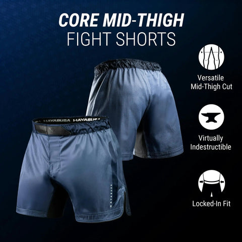 Core Mid Thigh Fight Shorts For NoGi JiuJitsu Blue Medium Freedom Of Movement With Higher Cut And Side Slits Built Tough For Rugged Training