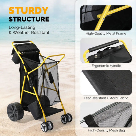 Heavy Duty Beach Cart With 11 Inch Solid Wheels and mesh bag on sandy beach, highlighting metal frame and ergonomic handle