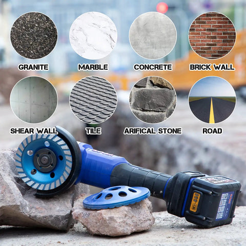 Diamond Concrete Grinding Wheel 4.5 Inch Turbo Cup For Polishing And Cleaning Concrete Stone Cement Marble Granite and Thinset Removal Two Arbor Adapters Included Angled Grinder Segment Wheel 115mm 22.23mm Pro Grade shown with grinding disc attached.