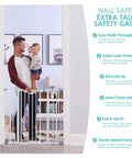 Man holding child by Extra Tall Wall Safe Baby Gate Fits Openings From 29 To 41.5 Inches 36 Inch Tall Gate With Wall Cups Anti Scuff Pads 2 To 4 Inch Extension Kit Pressure Mount Kit And Mounting Hardware White Easy Install No Fuss.