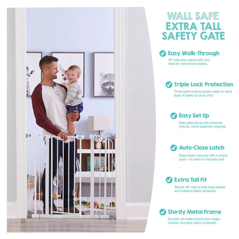 Man holding child by Extra Tall Wall Safe Baby Gate Fits Openings From 29 To 41.5 Inches 36 Inch Tall Gate With Wall Cups Anti Scuff Pads 2 To 4 Inch Extension Kit Pressure Mount Kit And Mounting Hardware White Easy Install No Fuss.