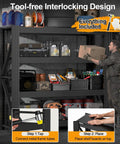 Industrial Grade Premium Badass Heavy Hitting Tough As Nails Metal Shelving Unit With Adjustable Black Steel Decks for Workshop Tools, loaded with gear.
