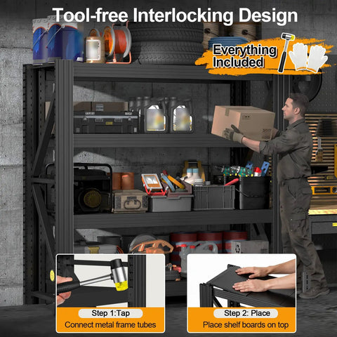 Industrial Grade Premium Badass Heavy Hitting Tough As Nails Metal Shelving Unit With Adjustable Black Steel Decks for Workshop Tools, loaded with gear.