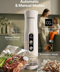Compact Food Vacuum Sealer With 65KPa Suction shown with auto/manual modes, and sealed food bags on kitchen counter