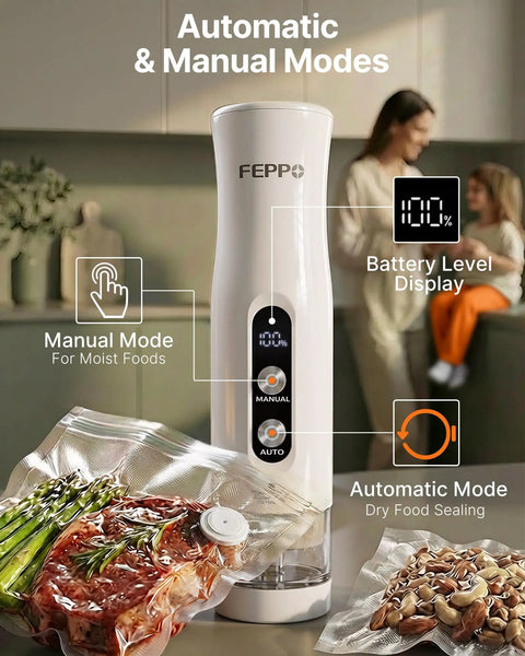 Compact Food Vacuum Sealer With 65KPa Suction shown with auto/manual modes, and sealed food bags on kitchen counter