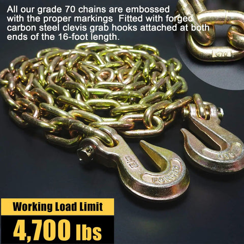 Beefy Heavy Duty 5/16 Inch 16 Feet Transport Chain 2 Pack Grade 70 Tow Chain With Clevis Grab Hooks and load limit of 4,700 lbs
