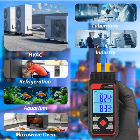 Go-To Dual Channel Digital K Type Thermocouple Thermometer With 2 HVAC Clamps And 2 Probes, Wide -328 To 2500 F Range, LED Backlight, Adjustable Compensation, Handy HVAC Lab Tool For Quick Readouts. Handheld thermometer for HVAC, lab, refrigeration