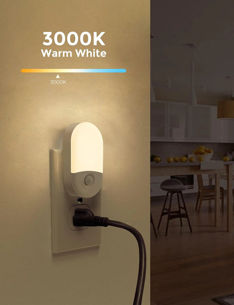4 Pack Plug In Motion Sensor Night Light With 3000K Warm White illuminating a kitchen scene