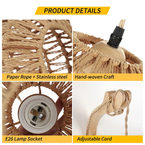 Close-up of Rattan Wall Lamp with Plug In Cord showing hand-woven lantern shade, E26 socket, and wooden holder details