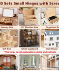 Various uses for 100 Piece Tiny Dollhouse Hinges Set With 180 Degree Mini Metal Hinge Hardware And 400 Screws, shown on boxes and cabinets.