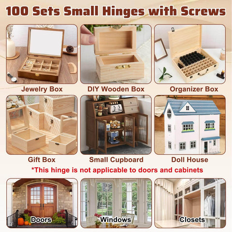 Various uses for 100 Piece Tiny Dollhouse Hinges Set With 180 Degree Mini Metal Hinge Hardware And 400 Screws, shown on boxes and cabinets.