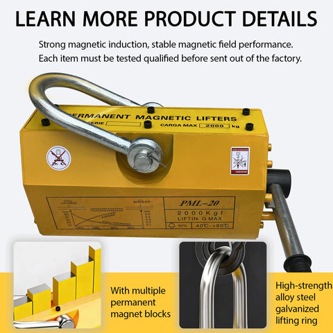 Heavy Duty Neodymium Lifting Magnet With Quick Snap Action Handle For Steel Plates And Shop Cranes Built Like A Tank For Rock Solid Performance At Four Thousand Four Hundred Pound Pull, showing steel lifting ring and gauge.