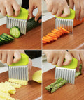 Front view of green-handled stainless steel crinkle cutter slicing cucumber on wooden board.
Side view of green-handled stainless steel crinkle cutter slicing carrot into wavy sticks on wood board.
Close-up of green-handled stainless steel crinkle cutter creating ridged potato slices on cutting board.
Bottom-right view of green-handled crinkle cutter slicing asparagus on a wooden board.
