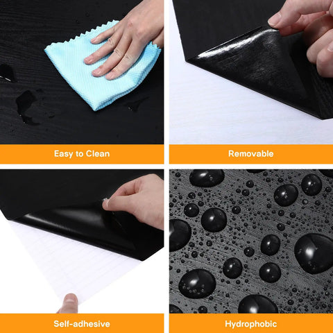 Thick Black Peel And Stick Wallpaper Roll Featuring Hella Durable Self Adhesive PVC Material For Quick Interior Wall Covering With Zero Residue Guarantee, showing easy cleaning and removable features.