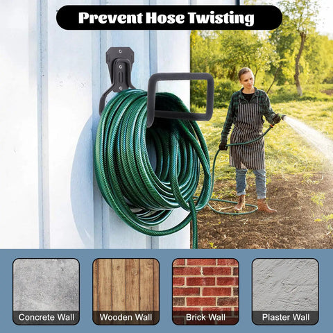Two Pack Garden Hose Holder And Wall Mounted Hose Reel shown mounted on an outdoor wall with hose coiled, supports up to 154 lbs