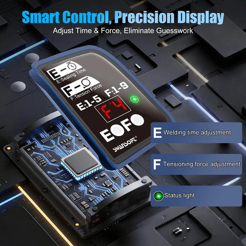 Close-up of smart control display with digital settings for Heavy Duty Electric Strapping Tool That Handles Heavy Workloads With 3200 Newtons Tension And Fully Automatic Operation For Pp Pet Banding Swap Batteries In Seconds Dual 5ah Cells Nail 400 Straps.