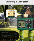 Two Zone Sprinkler Timer With Brass Inlet Dual Independent Outlets Programmable Irrigation Controller Rain Delay Manual Watering Hose Timer For Gardens Lawns And Outdoor Hose Systems showing brass inlet detail and performance graph.